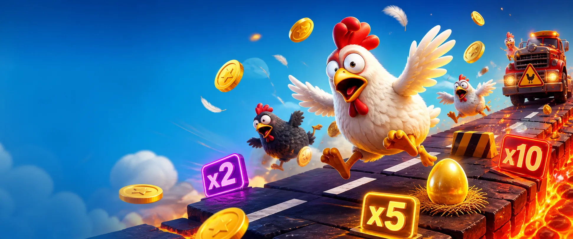 Bright promotional banner for Chicken Road slot with road lanes, feathers, eggs, and coins.